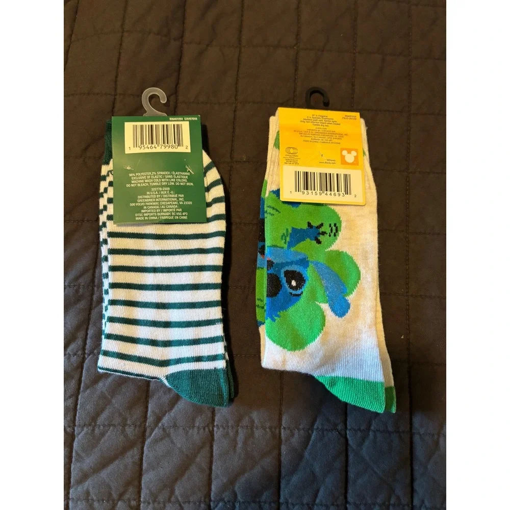 Disney Stitch St‎ Patricks Day Socks & Green Shamrock Striped Crew Socks 2 Pair